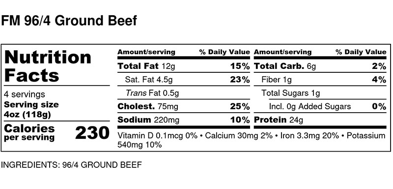 Nutritional Facts - 96/4 Ground Beef by the pound